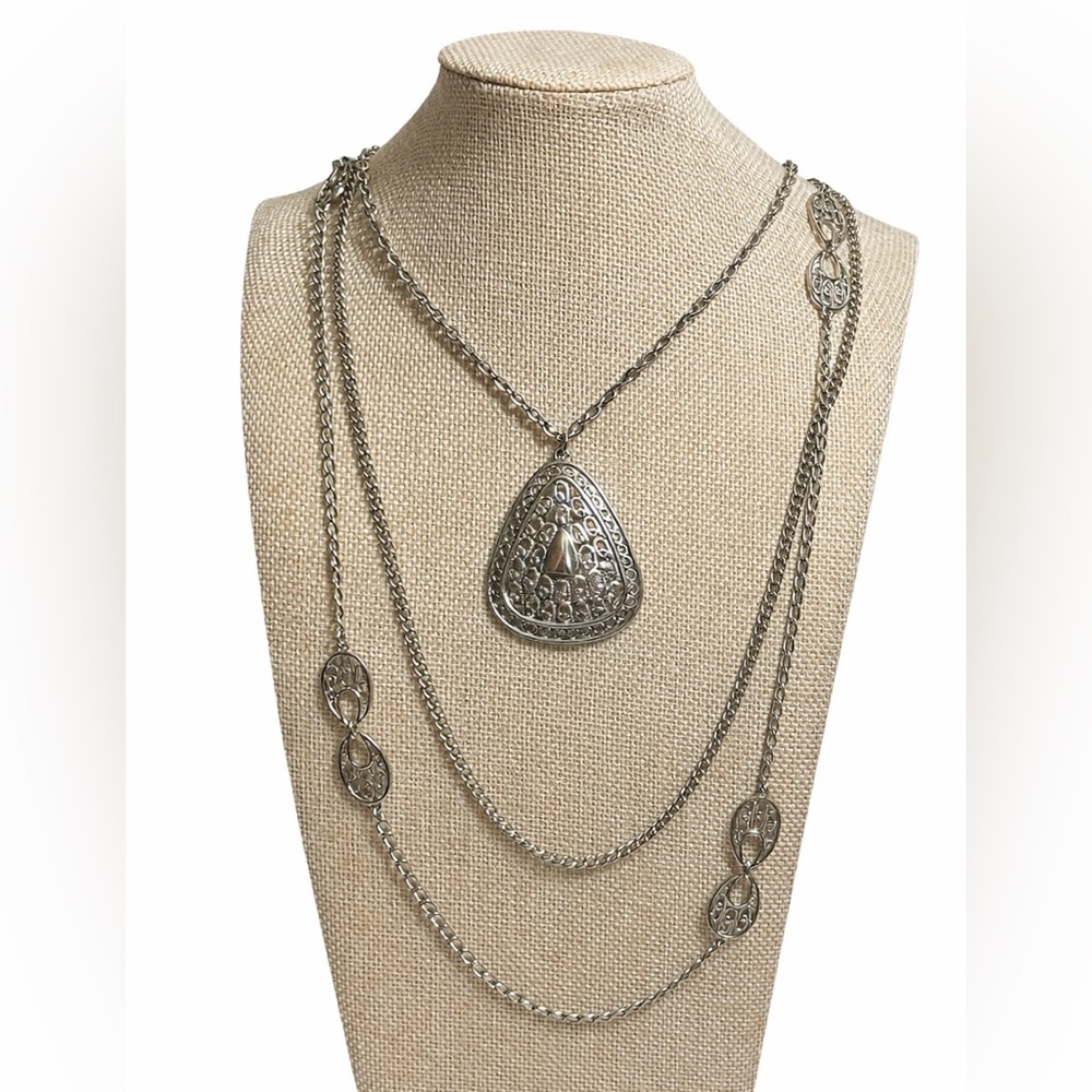 Vintage Silver Tone Layered Necklace Filigree Pendant Long Boho Statement